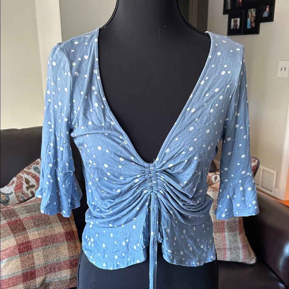 Aeropostale Blue Ruched Polka Dot Blouse